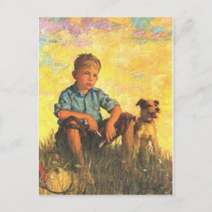 Un garçon et sa carte postale de chien