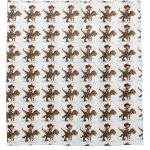 Un garçon tenant un rideau de douche T-Rex