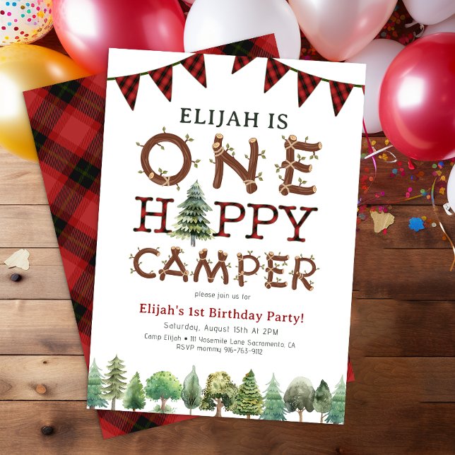 Un Happy Camper 1er Anniversaire Fête Invitation (One Happy Camper 1st Birthday Party Invitation)