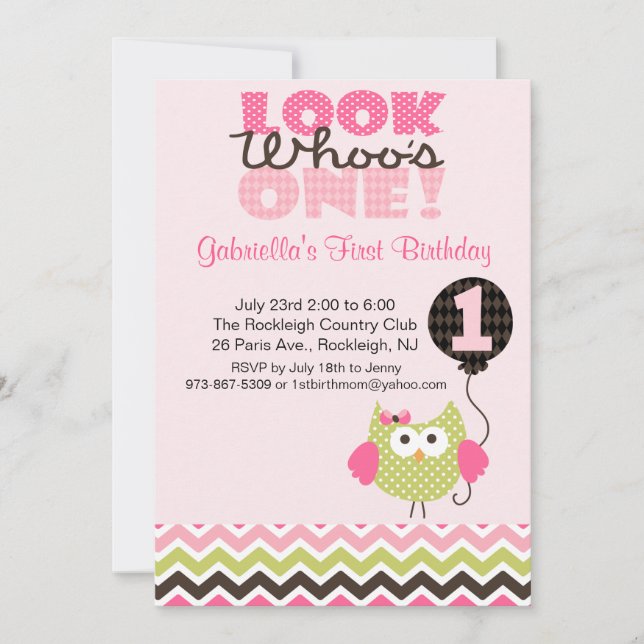 Un hibou rose, une invitation pour un anniversaire (Devant)