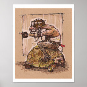 Un homme monte une affiche de dessin de tortue