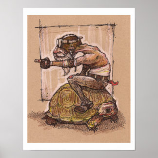 Un homme monte une affiche de dessin de tortue