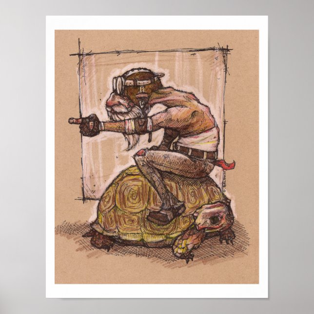 Un homme monte une affiche de dessin de tortue (Devant)