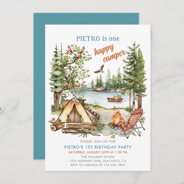 Un Joyeux Camper Boys 1er Invitation anniversaire (Devant / Derrière)