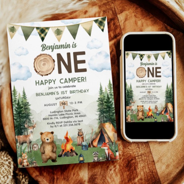 Un Joyeux Camper Invitation d'anniversaire (One Happy Camper First Birthday Invitation
)