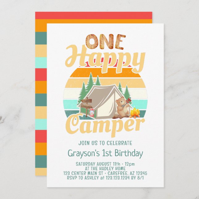 Un Joyeux Camper Woodland Invitation d'anniversair (Devant / Derrière)