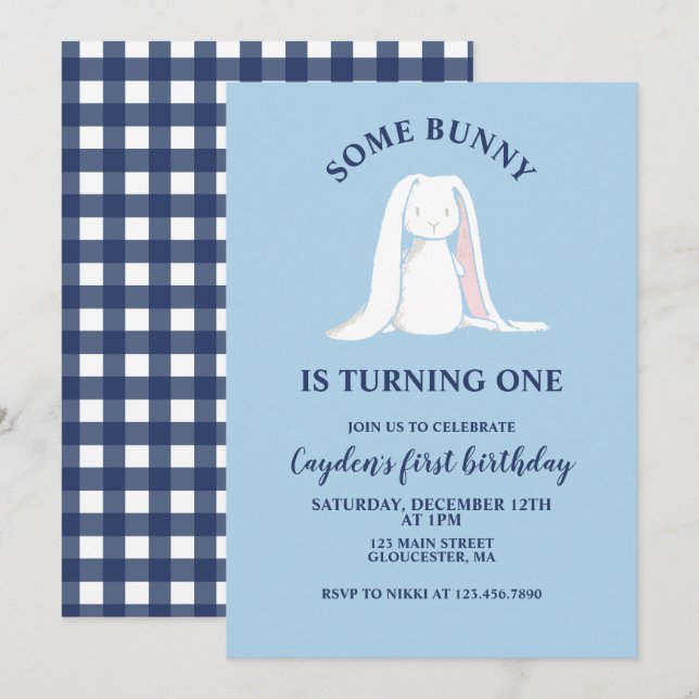 Un lapin est un bleu première invitation anniversa (Devant / Derrière)