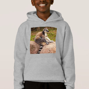 un lémurien de Madagascar sur une capuche de pull-