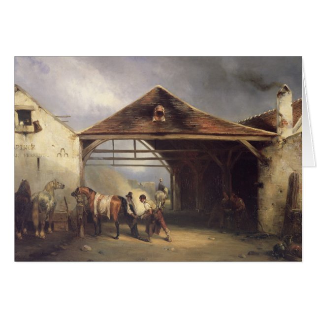 Un maréchal-ferrant chaussant un cheval (Devant horizontal)