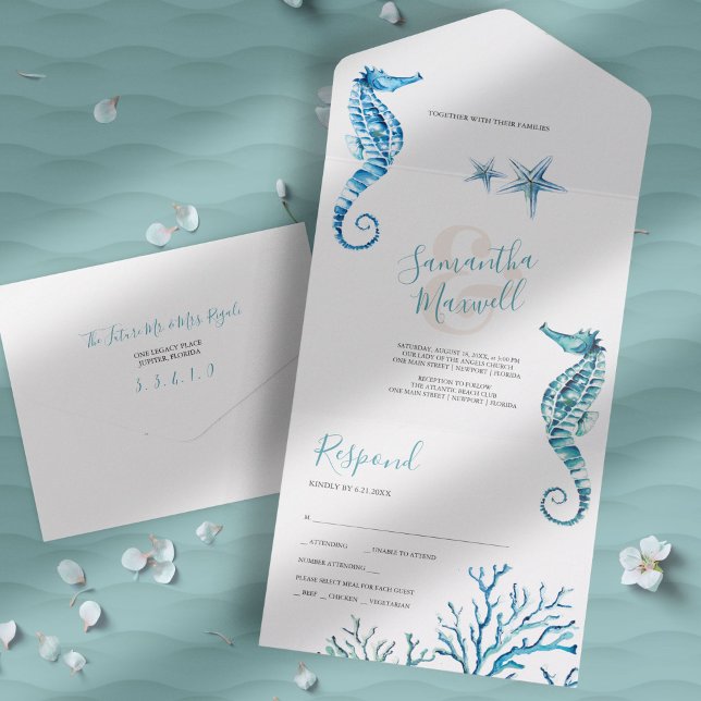 Un Mariage Côtier Moderne Tout En Une Invitation (Beach wedding invitation unique seahorse watercolor art by Victoria Grigaliunas)