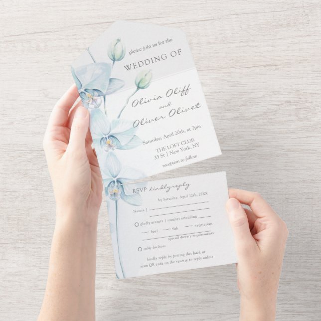 Un Mariage Orchidée Bleu Doux tout en une invitation (Déchirure)