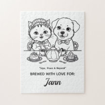 Un mignon chat et chien Tea Party Jigsaw Puzzle