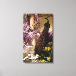Un paon et des colombes dans une toile de jardin e