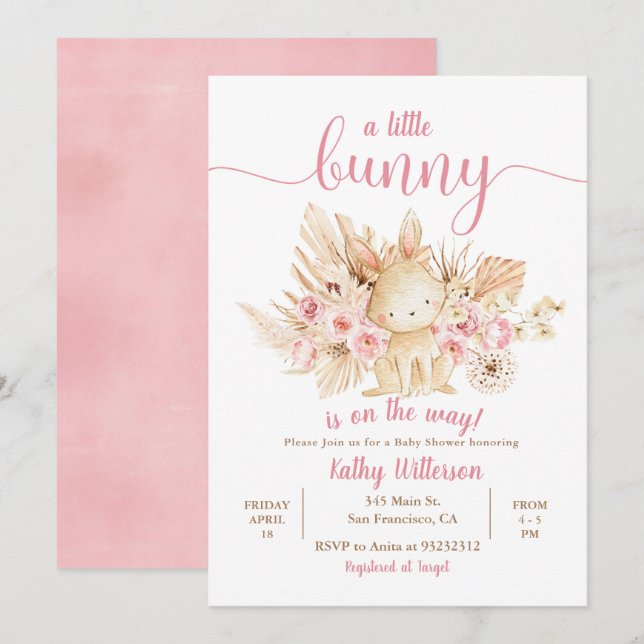Un petit lapin rose Baby shower Floral Invitation (Devant / Derrière)