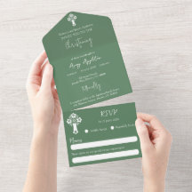 Tout en une invitation Floral Cross Baptism Vert
