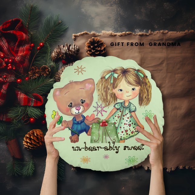 Unbearably Sweet Girl and Teddy Bear Round Pillow (Unbearably Sweet Girl and Teddy Bear Round Pillow)