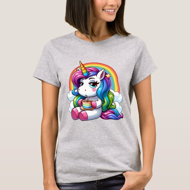 Unbothered Unicorn Sipping Coffee Under a Rainbow T-Shirt (Front)