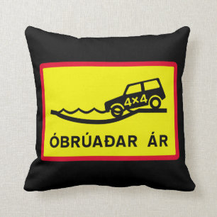 Unbridged River, Traffic Sign, Iceland Throw Pillow