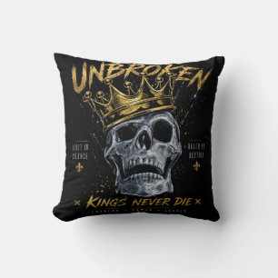 Unbroken Skull King Crown Edgy Motivational Art Throw Pillow