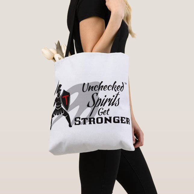 Unchecked Spirits Get Stronger - Both Logos Tote Bag (Close Up)