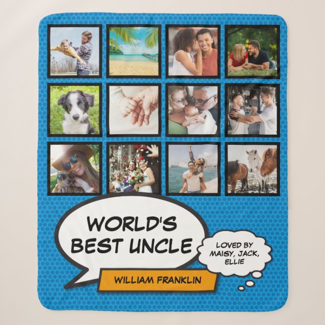 Uncle Fun Modern Cool Comic Blue Photo Collage Sherpa Blanket (Front)