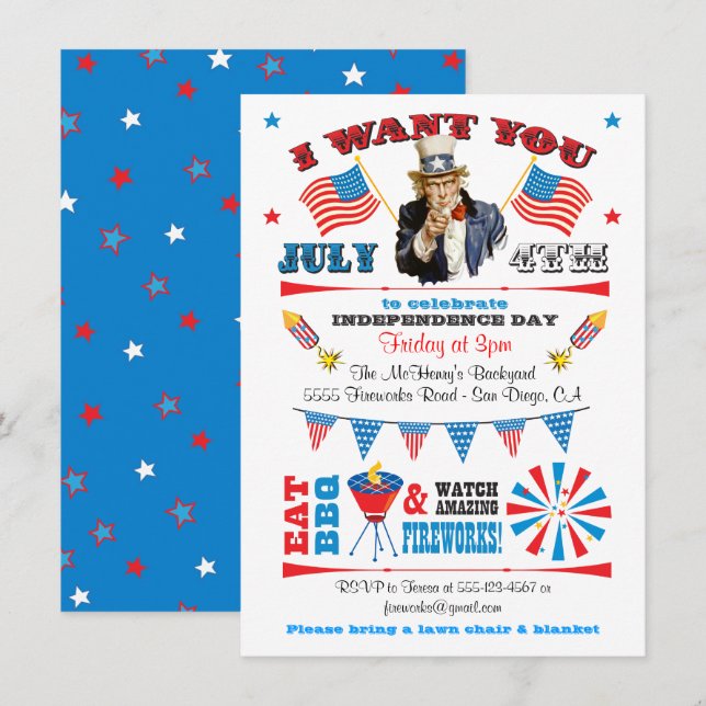 Uncle Sam 4th of July Barbecue bbq party Invitation (Front/Back)