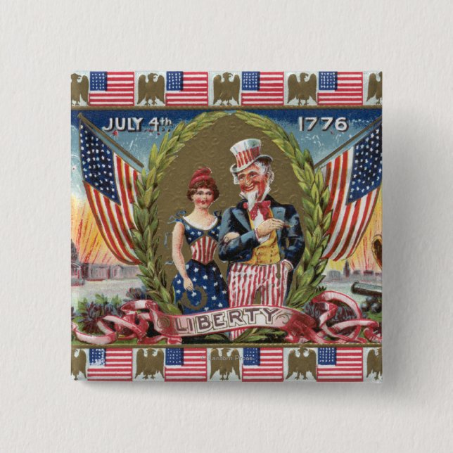 Uncle Sam and Lady Liberty 2 Inch Square Button (Front)