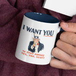 Uncle Sam Custom Message Funny Patriotic Two-Tone Coffee Mug<br><div class="desc">Uncle Sam is here to tell you to stay awake, drink less coffee, have a good day, or whatever other message you would like. Create your own fun coffee mug when you customize the red text beneath Uncle Sam with your own personalized text. This mug is in the style of...</div>