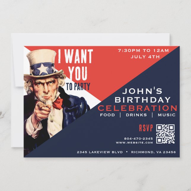 Uncle Sam I Want You July 4th Birthday Party Invitation (Front)