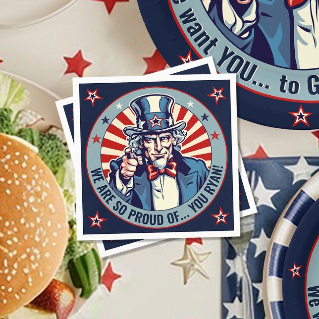 Uncle Sam Military Going Away Party Paper Napkin (Uncle Sam Patriotic 4th US Flag red white and blue military going away party napkins table decor)