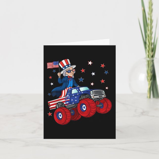 Uncle Sam Riding Monster Truck 4th Of July Fun Boy Card (Front)