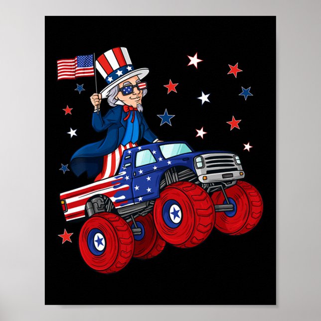 Uncle Sam Riding Monster Truck 4th Of July Fun Boy Poster (Front)