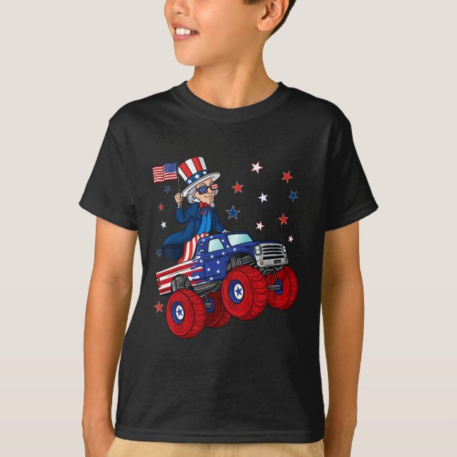 Uncle Sam Riding Monster Truck 4th Of July Fun Boy T-Shirt (Front)