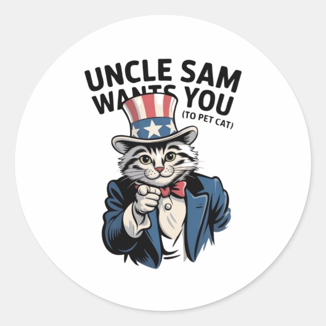 Uncle Sam Wants You (to Pet Cat) – Patriotic Cat Classic Round Sticker (Front)