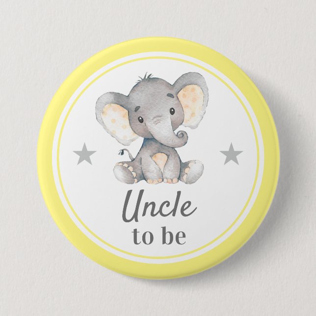 Uncle to be Gift Yellow Grey Elephant Baby Shower 3 Inch Round Button (Front)