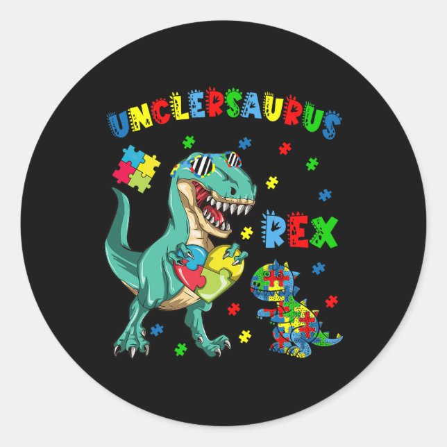 Unclesaurus Autism Awareness Uncle Dinosaur Puzzle Classic Round Sticker (Front)