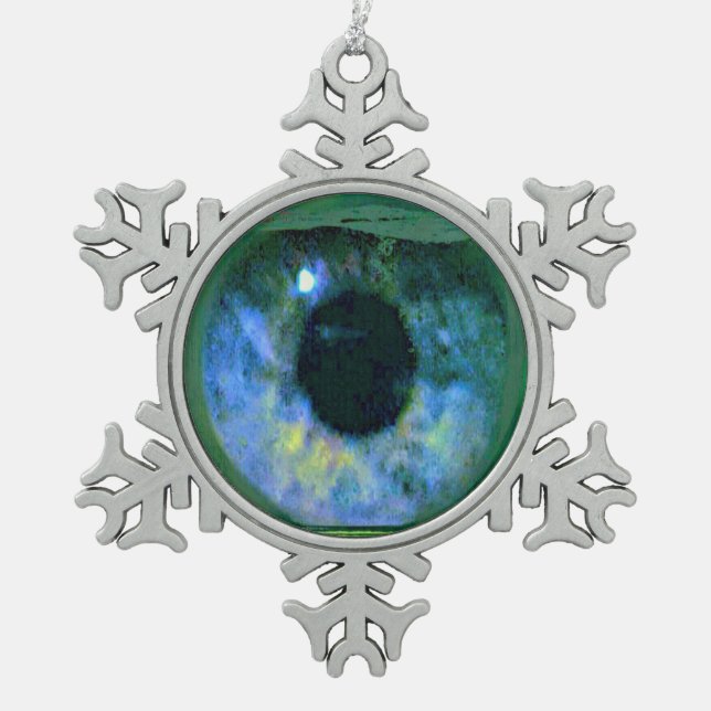 Uncommon Blue Green Eye in Fishbowl Snowflake Pewter Christmas Ornament (Front)