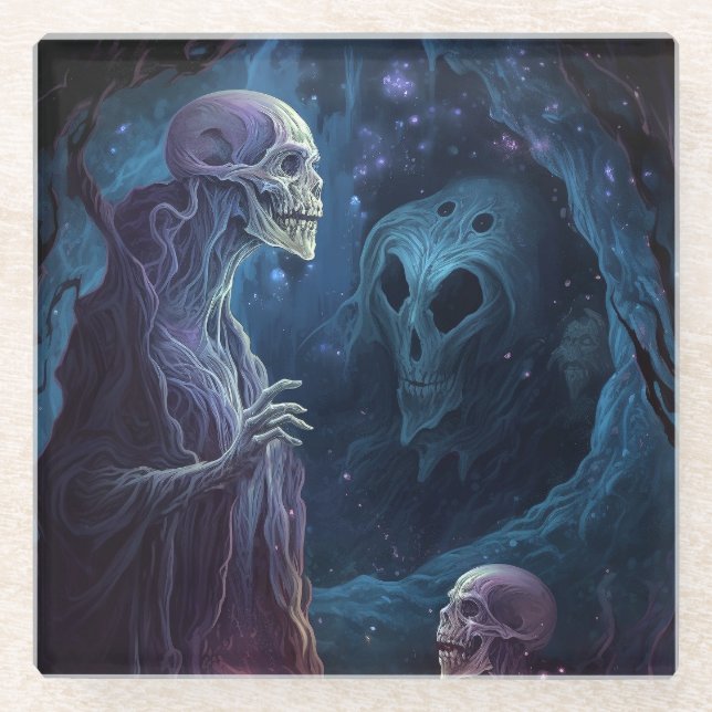 Undead Skeleton Creatures Horror Art Glass Coaster (Front)