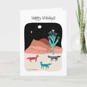 Under a crescent Moon + bright star, three foxes Holiday Card