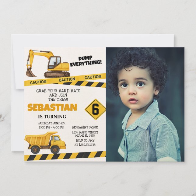 Under Construction Birthday Invites with photo (Front)