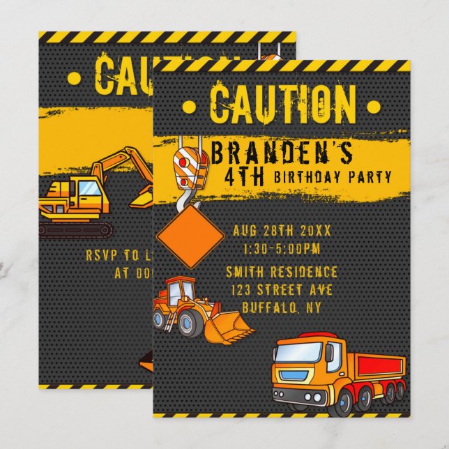 Under Construction Caution Trucks Birthday Party 6 Invitation (Front/Back)