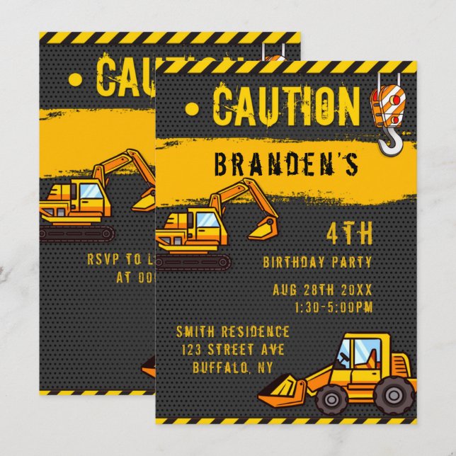Under Construction Caution Trucks Birthday Party I Invitation (Front/Back)