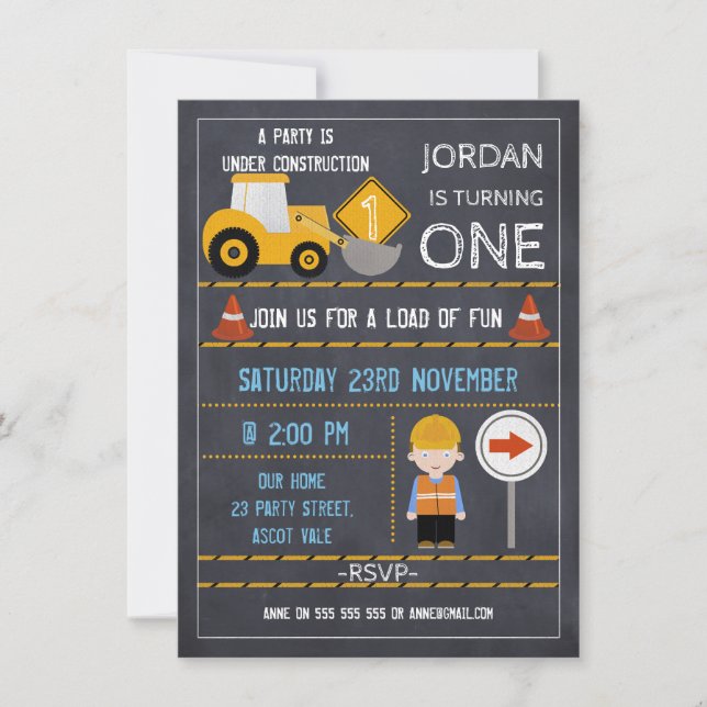 Under Construction Chalkboard Birthday Invitation (Front)