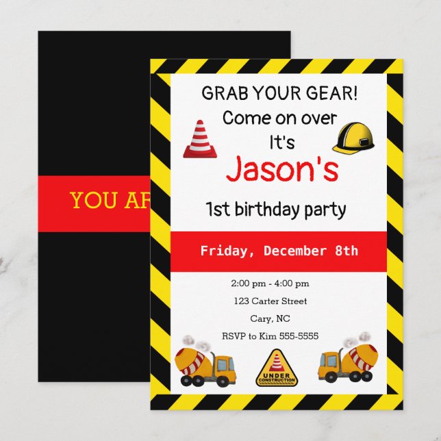 Under construction Concrete mixer Birthday Invitation (Front/Back)