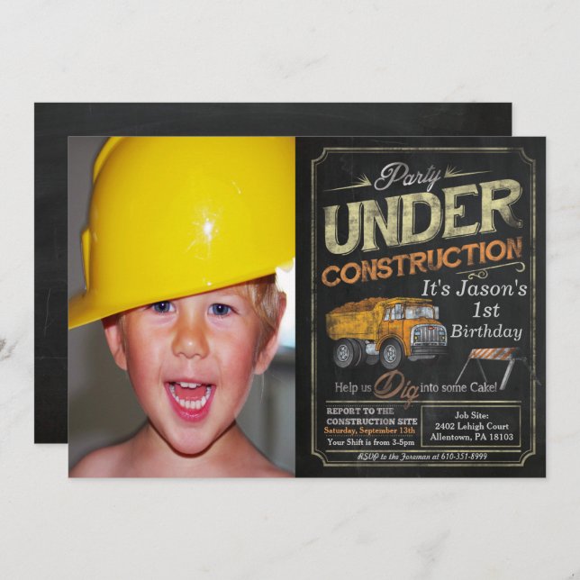 Under Construction Dump Truck Birthday Invitation (Front/Back)