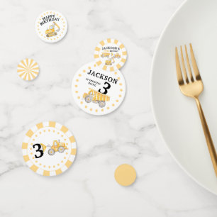 Under construction site trucks boy birthday table confetti