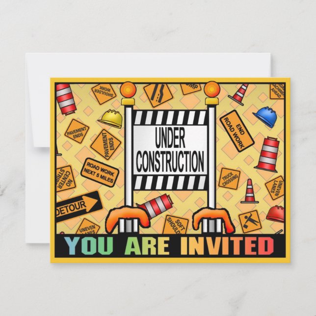 Under Construction Theme Kids Party Invitation (Front)