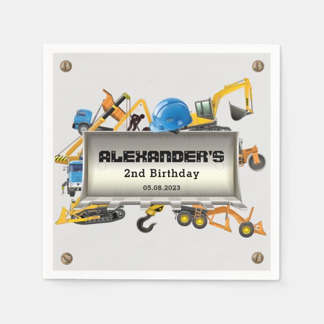Under Construction Trucks Birthday Party Napkin (Front)