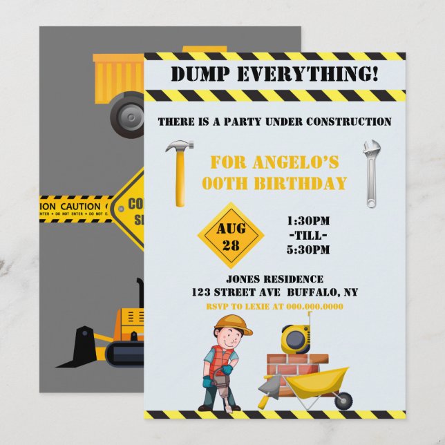 Under Construction Worker Birthday Party (Front/Back)