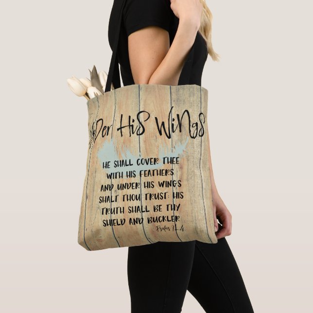 Under His Wings Quote with Feather & Bible Verse Tote Bag (Close Up)